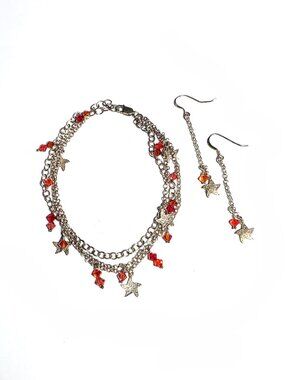 Silver starfish & red crystal earring & bracelet set